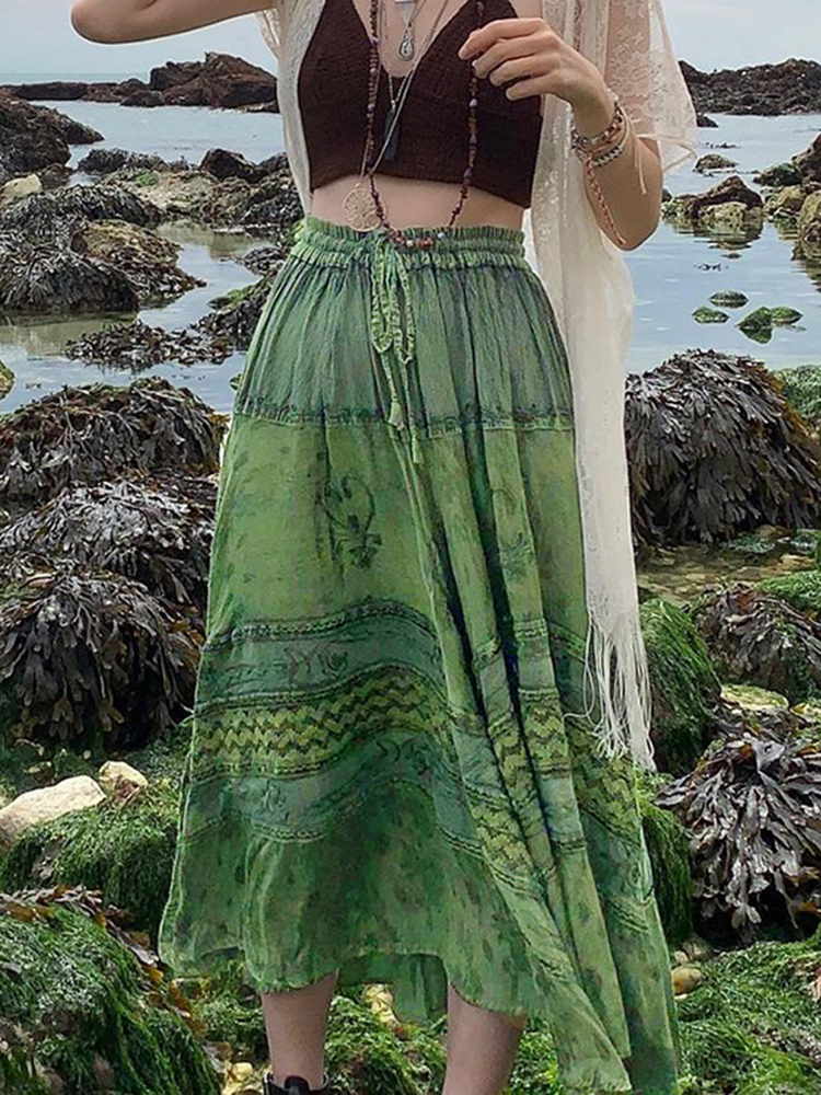 HEYounGIRL Vintage Green Women Long Skirt Aesthetic Graphic Print Hight Waist Cute Casual Midi Skirts Grunge Sweet Lady Outfits 220701