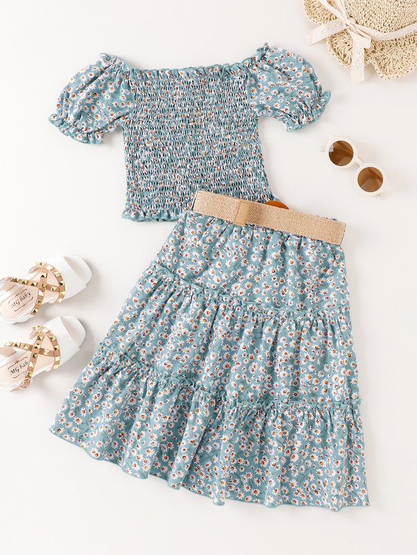 Toddler Girls Ditsy Floral Puff Sleeve Shirred Top & Ruffle Hem Belted Skirt SHE