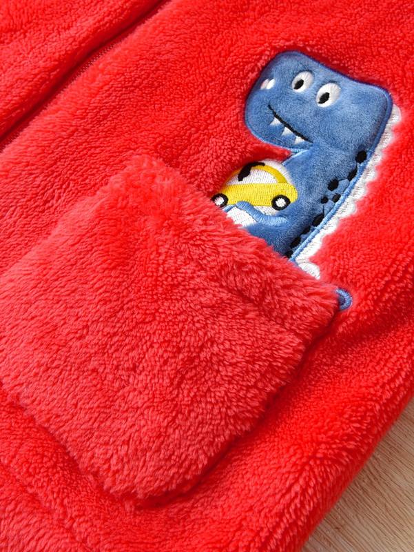 Toddler Boys Dinosaur And Car Embroidery Hooded Flannel Coat SHE