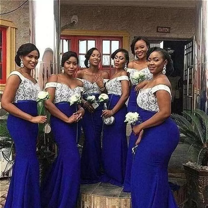 Royal Blue And White Bridesmaid Dresses Lace Satin Off The Shoulder Neckline Floor Length Mermaid Custom Made Maid Of Honor Gown Beach Wedding Vestido