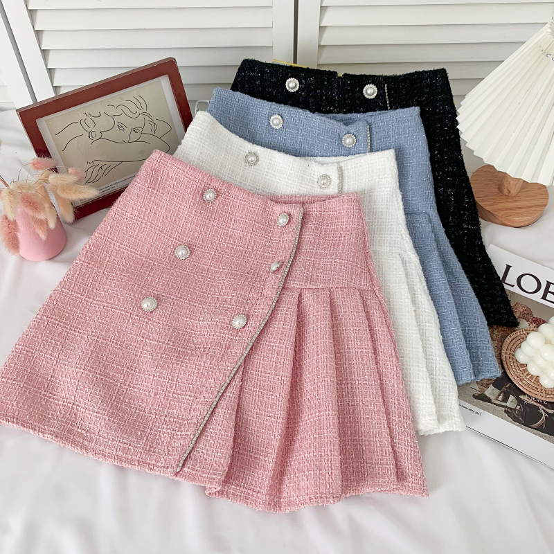 Tweed Skirts for Women Solid High Waist Slimming Skirts Autumn Spring Buttons Double Breasted Tweed Wool Mini Skirt 220711