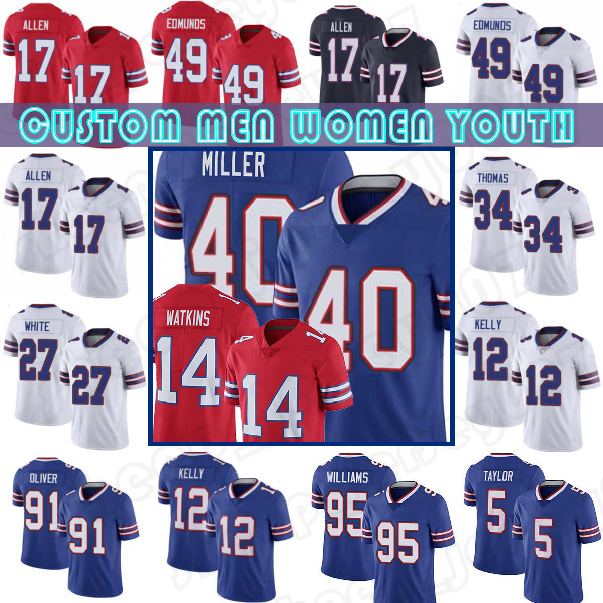 17 Josh Allen 40 Von Miller Football Jerseys Stefon Diggs Gabriel Davis James Cook Kaiir Elam 27 Tre'Davious White Billes Dawson Knox Matt Milano Poyer Bass Jim Kelly, Custom women(b e)
17 Josh Allen 40 Von Miller Football Jerseys Stefon Diggs Gabriel Davis James Cook Kaiir Elam 27 Tre'Davious White Billes Dawson Knox Matt Milano Poyer Bass Jim Kelly, Custom women(b e)