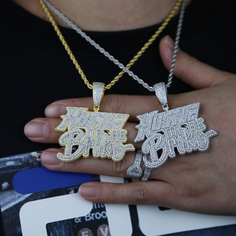 HipHop Bling Cubic Zircon Paved Hustle Letter Pendant Necklace with Rope Chain for Men Boy Fashion Charm Jewelry