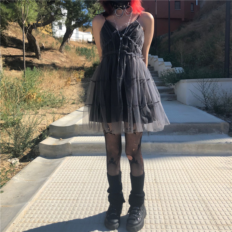 AltGirl Dark Gothic Mesh Dress Women Fairy Grunge Vintage Punk Strapless High Waist Dresses Harajuku Mall Goth Emo Alt Partywear 220510
