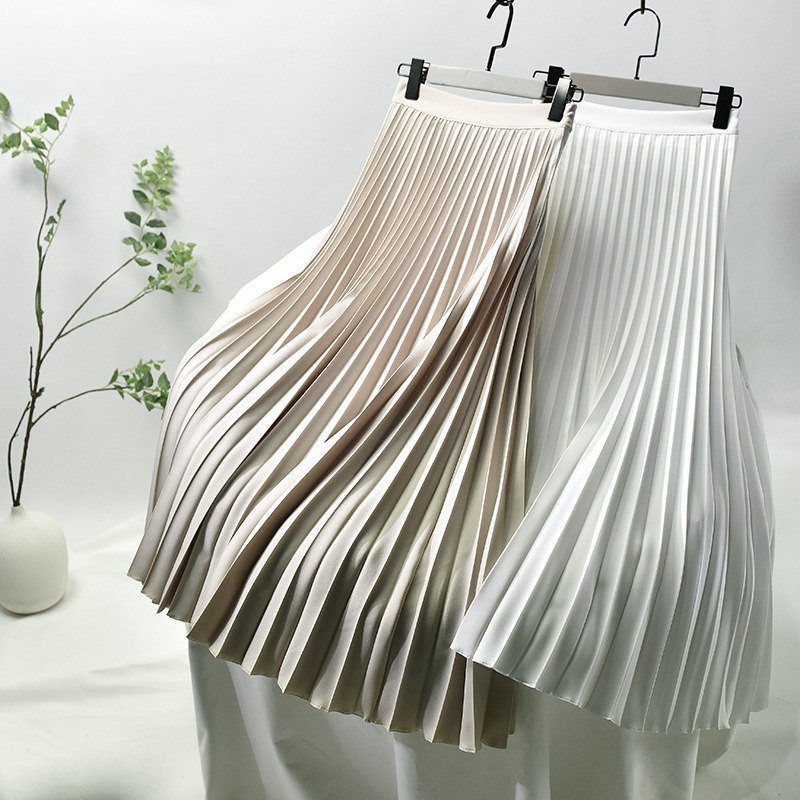 Women's Elegant Sector Pleated Twill Skirt With Chiffon Liner Female High Waist Side Zipper White Long Skirts Spring SK521 220317
