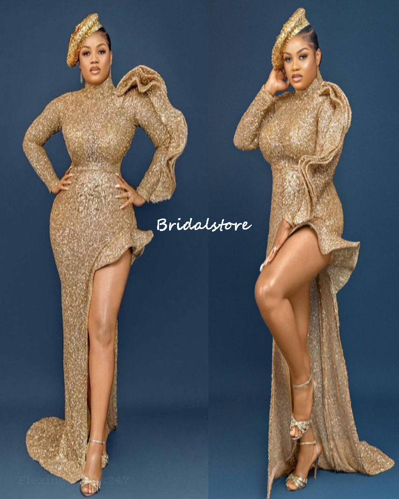 Glitter Gold Sequin Aso Ebi Prom Dress Mermaid South African Formal Wear Sexy High Split Long Sleeve Plus Size Evening Dresses Sparkle Black Girls Par
