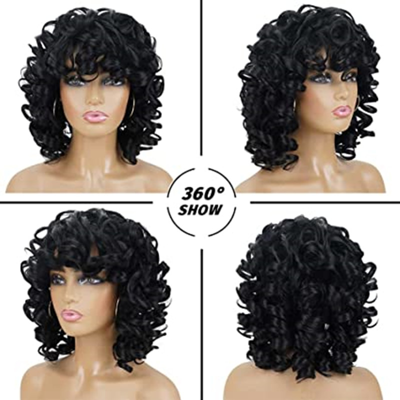 African American real human Short Curly Wigs Soft Black Big Curly Wig with Bangs Afro Kinky Curls boucy curl Natural Looking machine made cap 150%dens