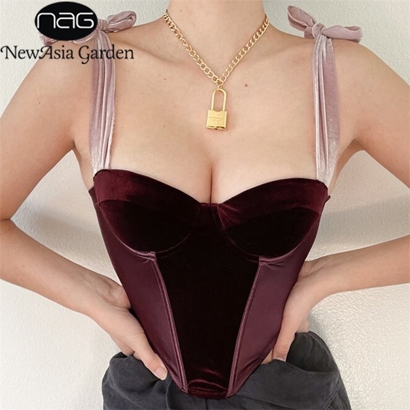 Asia Velour Corset Top Tie up Bow Push Padded Lining Underwire Boned Buttons Bustier Women Summer Sexy y2k Crop Tank 220316