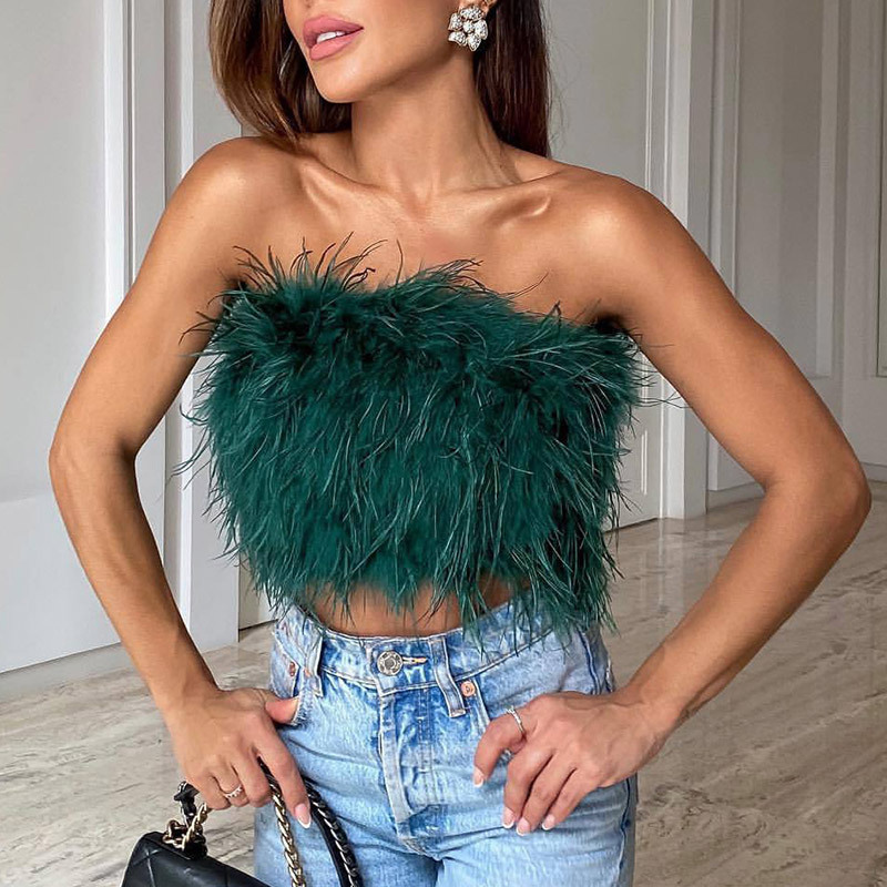 Fashion Women Sexy Furry Tops Camis Casual Tank Female Chic Sleeveless With Real Ostrich Feather Tunic Vest 220316