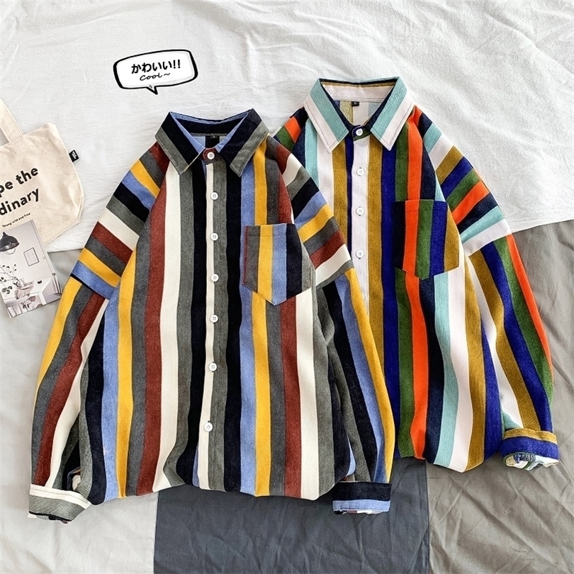 Privathinker Japanese Colorful Striped Men Shirt New Spring Man Basic Long Sleeve Blouse Korean Male Casual Shirts