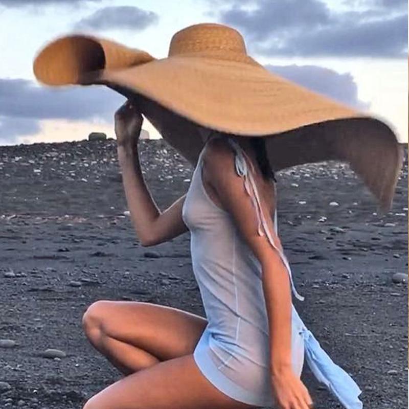 Wide Brim Hats 80cm Fashion Large Sun Hat Beach Anti-UV Protection Foldable Straw Sombrero Lace Up Collapsible Gorras
