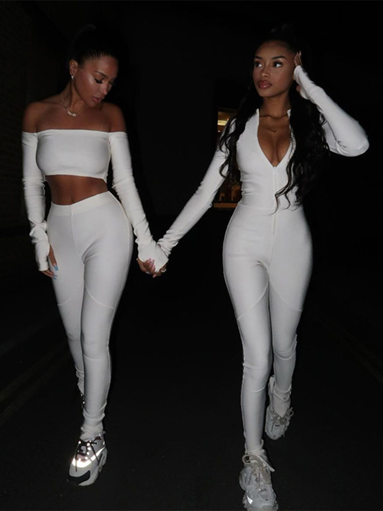 Kliou Solid BlackWhite Bodycon Jumpsuit Women Sporty Rompers Summer Fitness Long Sleeve Zipper Elastic 220801
