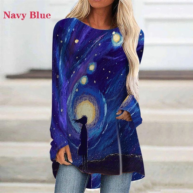 Women Flowers Printed Casual Round Neck Long Sleeves Plus Size Cotton Tunic Loose TShirt Pullover 8XL 220321Z