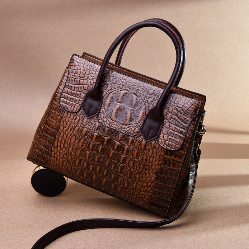 

ladies leathers shoulder bags high-quality embossed crocodile handbag large capacity horizontal retro leather handbags elegant personality fashion Tote bag, Dark brown1-9658