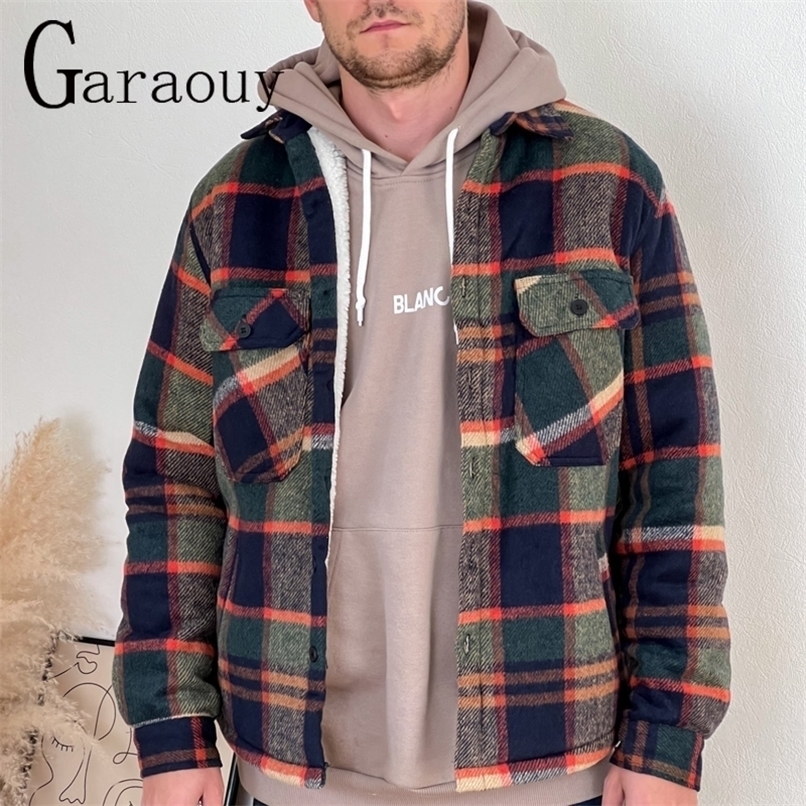 Garaouy Plaid Jacket Men's Autumn Winter Casual Fleece Lapel Warm Slim Fit Lamb Wool Thick Shirt All-match Coats Male 220322