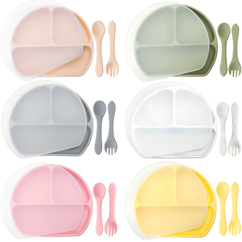 NonToxic Silicone Children's Tableware Baby Feeding Plate Fashionable Food Tray With Lid Training Spoon Fork born Accessories 220512
