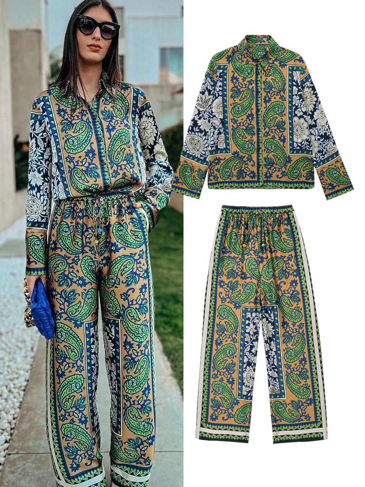 Women's Two Piece Pants Spring Fashion Retro Print Straight Elastic Waist Women Suit 2022 Casual Chic Elegant Youth Party Vacation