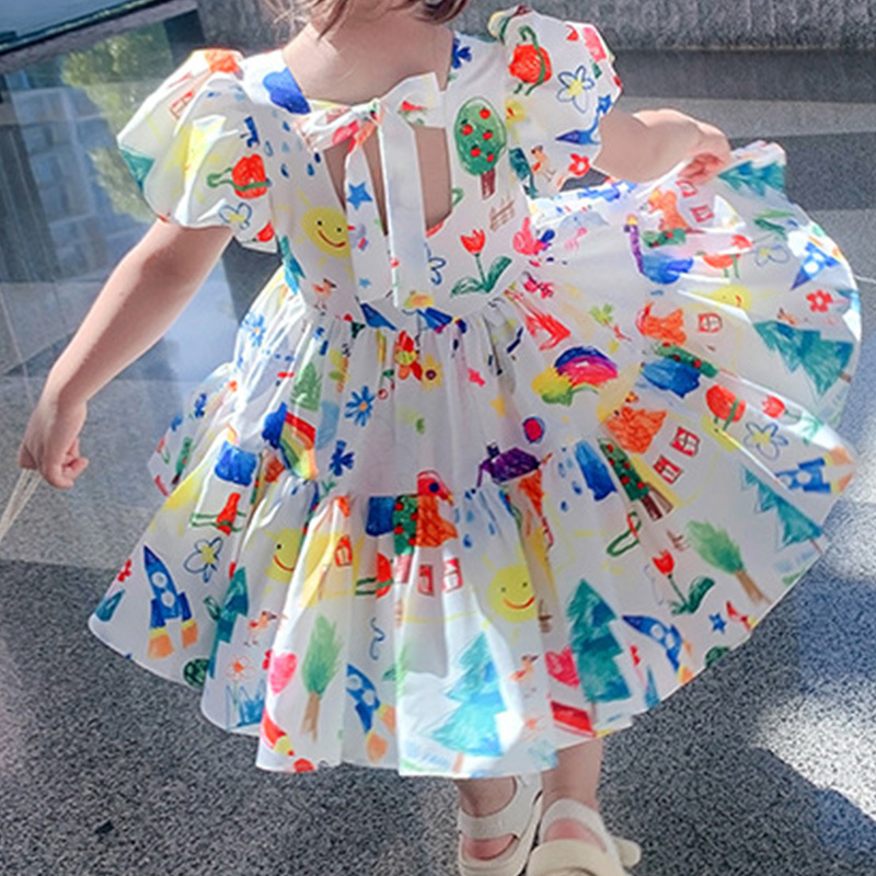 Summer Girls Dress Puff Sleeve Casual Cartoon Party Princess Dress Cute Childrens Wear Baby Kids Girls Clothing 220707