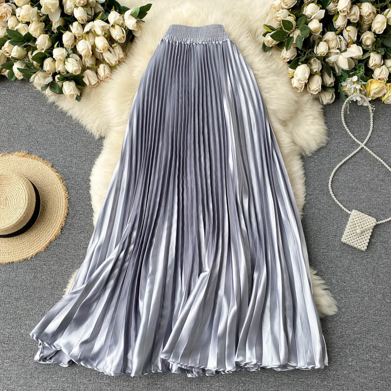 Croysier High Waist Long Skirts Womens Maxi Pleated Women Clothing Elegant Office Lady Fashion Metallic Satin 220317