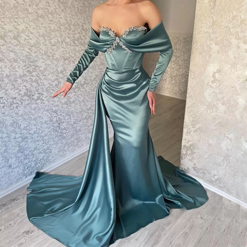 Elegant Mermaid Beaded Evening Dresses Long Sleeves Prom Gowns Sexy Off The Shoulder Neckline Sweep Train Satin Custom Made Formal Dress, Gold 
Elegant Mermaid Beaded Evening Dresses Long Sleeves Prom Gowns Sexy Off The Shoulder Neckline Sweep Train Satin Custom Made Formal Dress, Gold