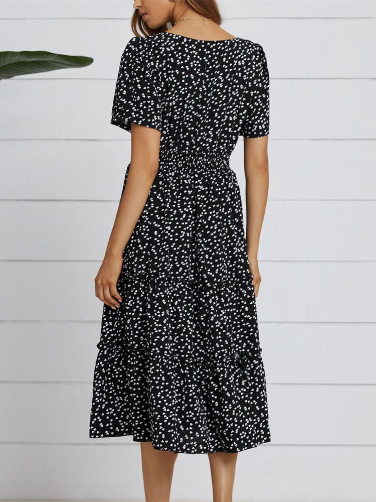 Summer Love Pattern Dot Print Dres Casual Short Sleeve Square Collar Ruffles Medium Long Chiffon 220615
