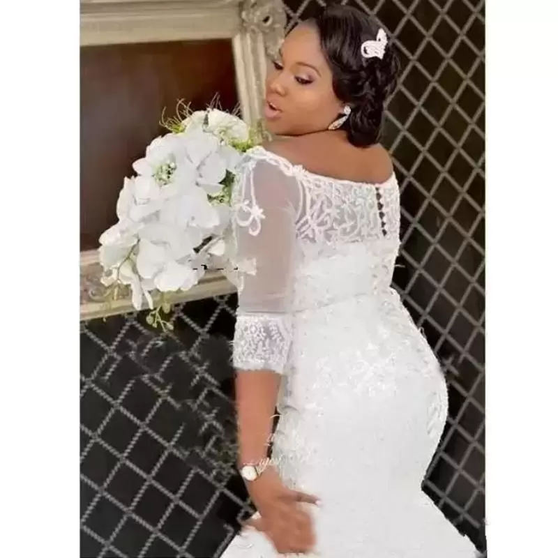 Mermaid African Wedding Dresses Bridal Gown Scoop Neck Long Sleeves Lace Applique Beaded Custom Made Sweep Train Plus Size Vestido De Novia