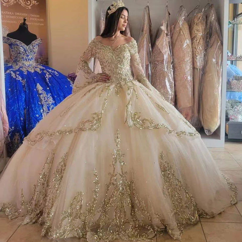 Gold Sequin Champagne Quinceanera Dress Princess 2025 Long Sleeve Ball Gown Prom Dresses Off Shoulders 15 Years Old Birthday Party Sweet 16 Dress For 