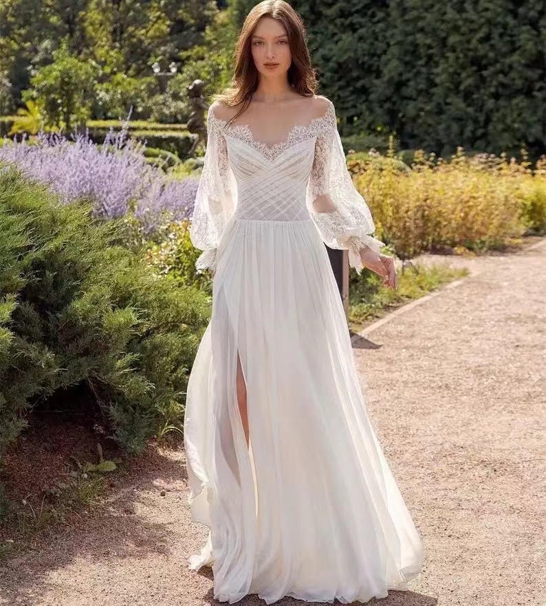 Bridal Gown Manager Recommended White Wedding Dresses Off Shoulder Floor Length Long Sleeves High Spit Lace Wedding Dresses
Bridal Gown Manager Recommended White Wedding Dresses Off Shoulder Floor Length Long Sleeves High Spit Lace Wedding Dresses