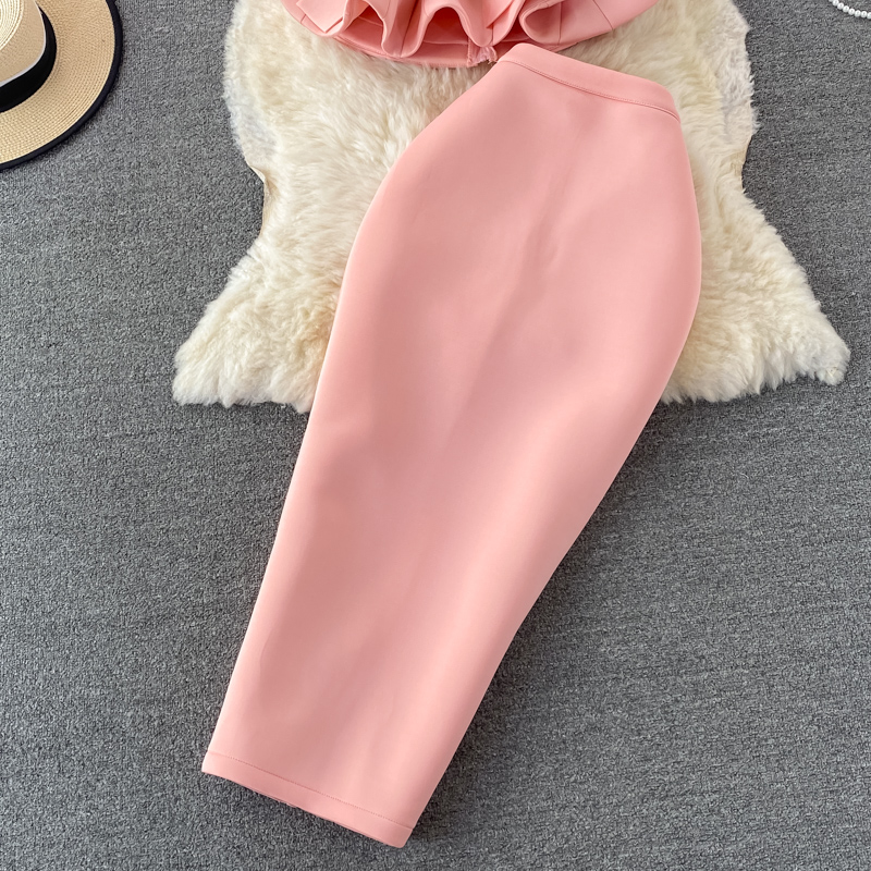 New Womens sexy slash neck off shoulder slim waist ruffles peplum top and pencil midi long skirt twinset party suit SML