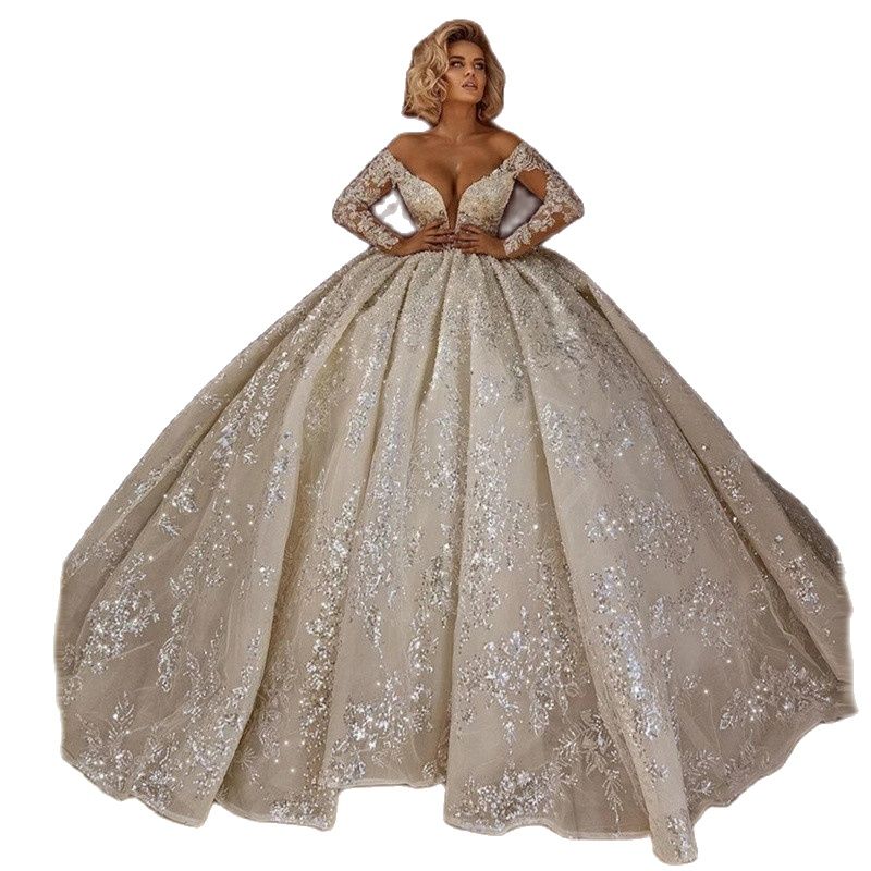 Princess Ball Gown Wedding Dresses Deep V Neck Long Sleeves Pearls Beads Shiny Sequins Appliques Lace Ruffles or Length Bridal Gowns Plus Size robes d