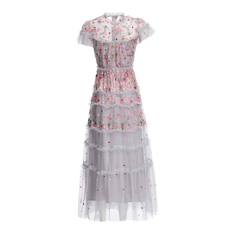 Women's Runway Dresses O Neck Short Sleeves Embroidery Ruffles Layered Printed Elegant Party Evening Prom Gown