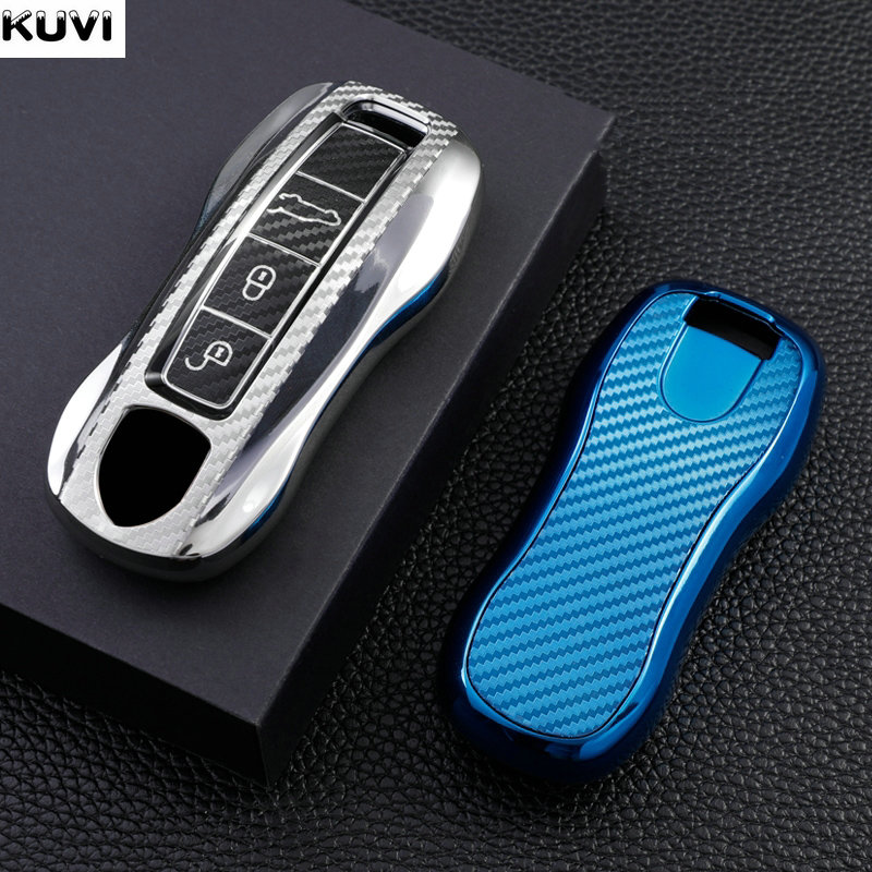 Carbon Fiber Grain TPU Car Key Case Remote Protect Frame Cover For Porsche Cayenne Panamera 911 992 971 Carrera Taycan