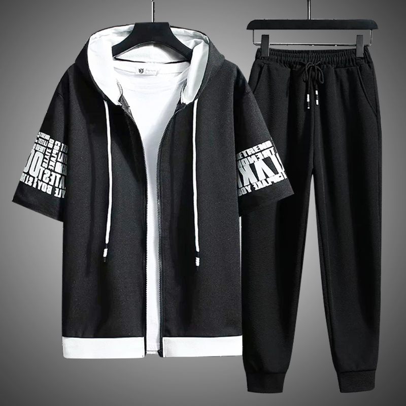 Sweat Suit Summer Men's Sets Hooded Zipper Short Sleeve TopsTrousersShort Men Clothing 3Piece Set Streetwear Tracksuit Men 220803