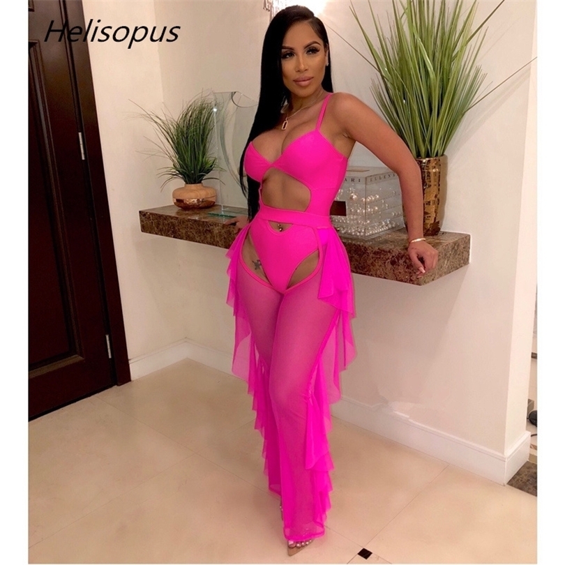 Helisopus Neon Green Sexy 2 Piece Set Women Beach Club Outfits Sheer Mesh Bodysuit Ruffle Pants Set Party Matching Set