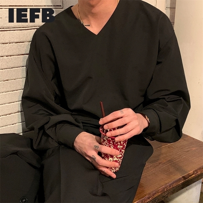 IEFB Men's Autumn Long Sleeve Black Shirt Korean Trend Streetwear Pullpover Tops For Male Vintage Causal Clothes 9Y6578 220322