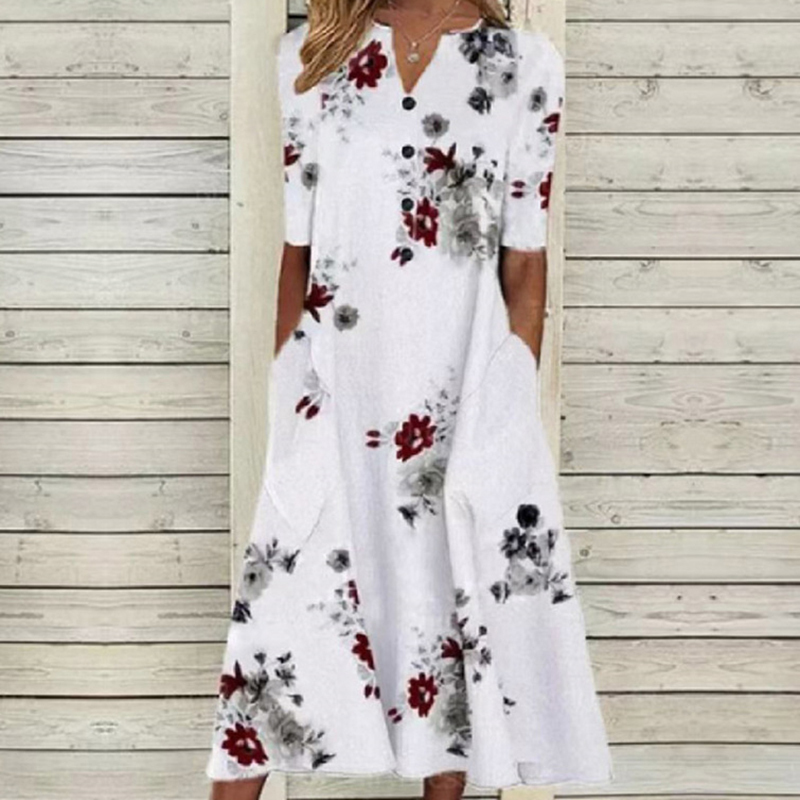 Elegant Women V Neck Short Sleeve Button Party Dres Summer Vintage Print Dress Casual Loose Flower Ladies Dresses D220611