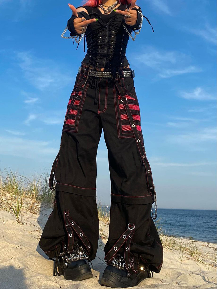 Rapcopter Bandage Chain Cargo Pants Low Waisted Baggy Pockets y2k Grunge Goth Black Trousers Sweatpants Punk Joggers Women 90s 220707