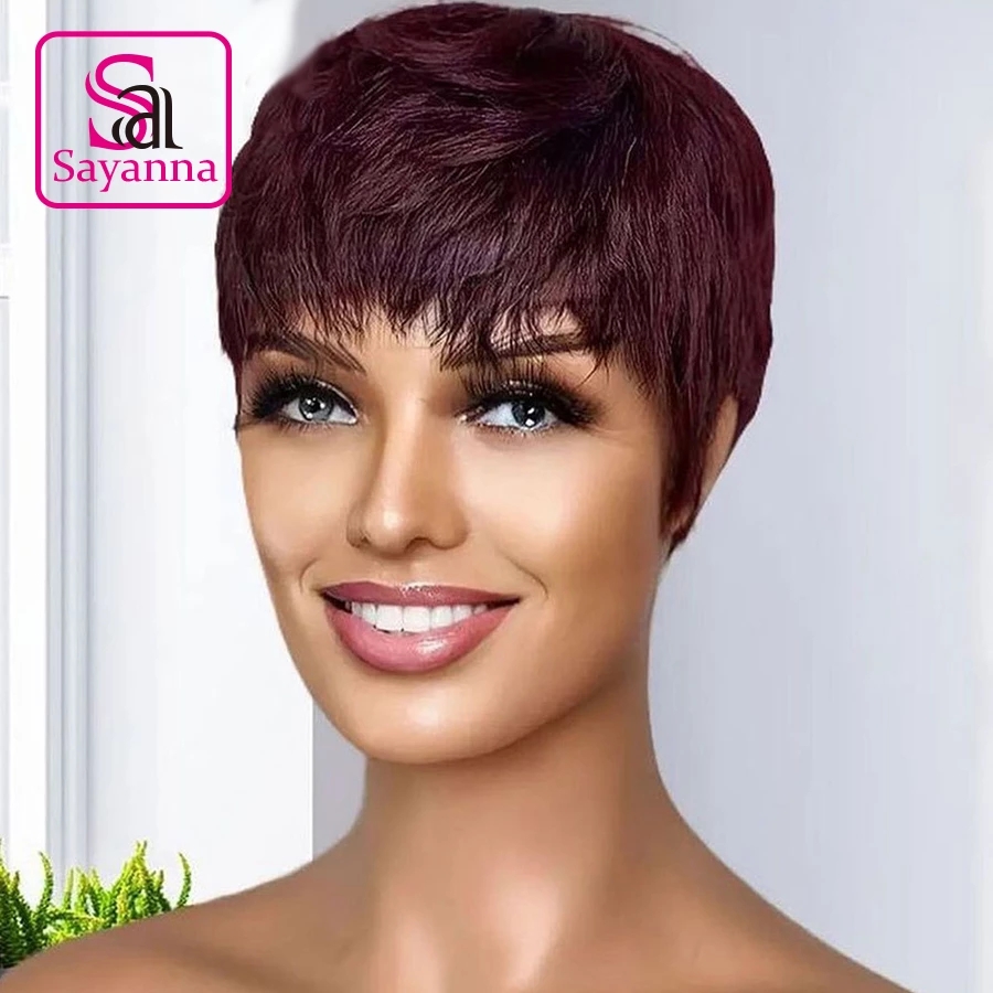 Short Bob Wavy Wig With Bangs Full Machine No Lace Wigs For Women Brazilian Straight Ombre Burgundy Human Hair Pixie Cut Wig