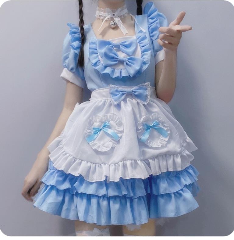 Anime Maid Apron Costumes Lolita Fancy Dress Cosplay House Women's Sweetheart Dress Headwear Neckalce Set Blue Pink Black