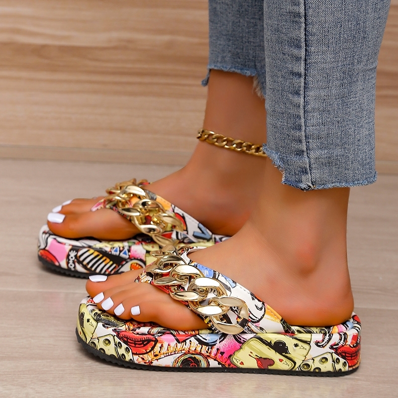 Women Summer Colorful Graffiti est Fashion Chain Flipflops Sandal Slippers Shoes Woman Flat Platform Sandals Plus Size 43 220608