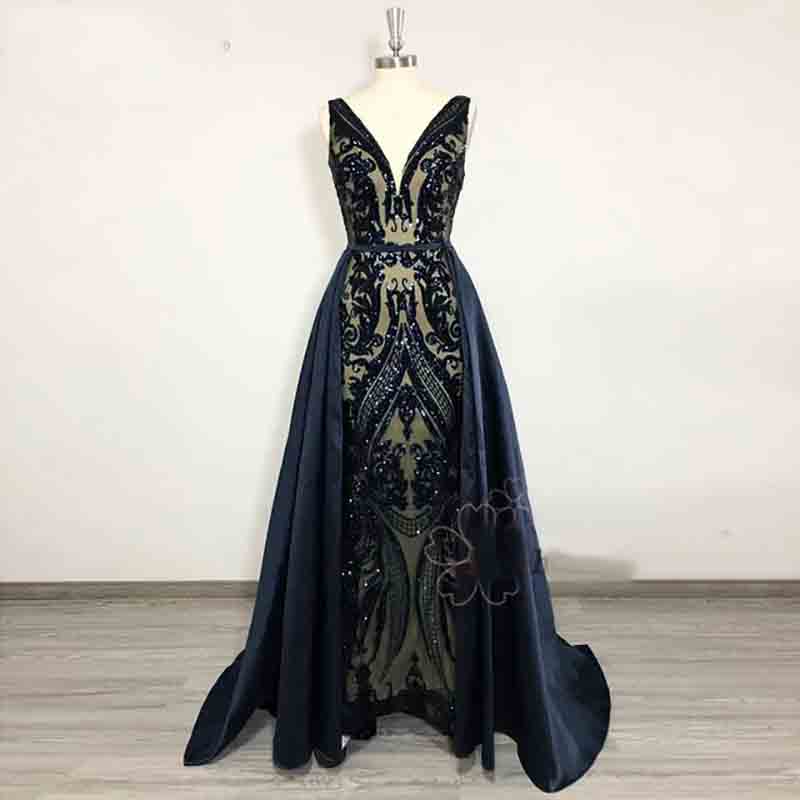 Sparkly Sequin Emerald Green Evening Dress With Detachable Train Arabic Dubai Mermaid Prom Dress 2 in 1 Plus Size V Neck Party African Women Vestidos 