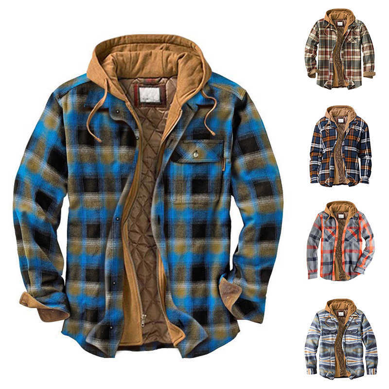 Men's Jackets Cotton Flannel Shirt Jacket with Hood Mens Long Sleeve Quilted Lined Plaid Coat Button Down Thick Hoodie Outwear Y2302