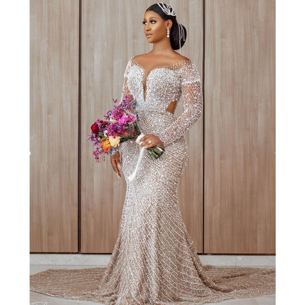 Vintage Beads Mermaid Wedding Dress Sequins Long Sleevess Sexy Off Shoulder Strapless or Length Backless Simple And Stylish Custom Made Bridal Robes