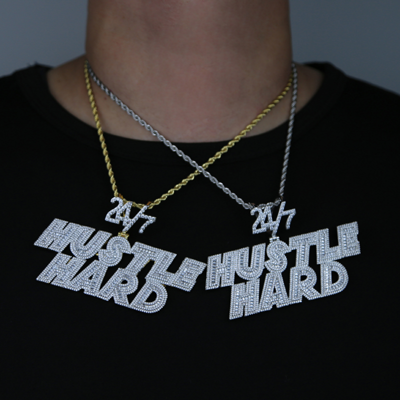 New Iced Out 5A Cubic Zirconia Cz Hustle Hard Letter pendent Necklace with Rope Chain men fashion Hiphop Rock Jewelry