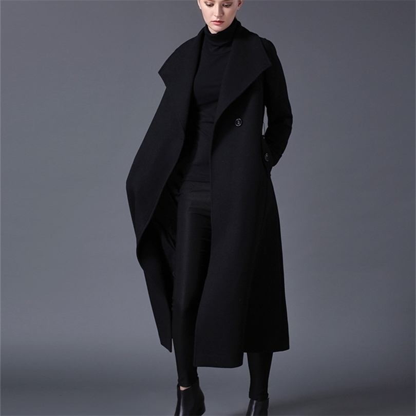 winter women's wool coat lapel black dark blue long section listing large size 201112