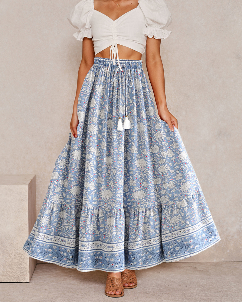 Vintage Chic fashion women Hippie beach Bohemian floral print skirts High Waist Maxi A-Line Boho Skirt Femme 220322