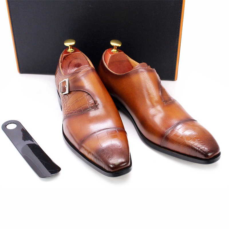 Men Business Dress Monk Shoes Genuine Leather Crocodile Embossed Buckle Formal Wedding Party Shoes KB260