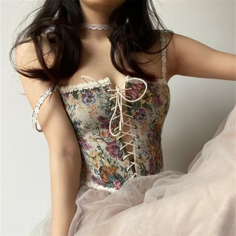 Vintage Corset Crop Top Women Bustier Sexy Floral Tank Flower Camisole Tanks 220325