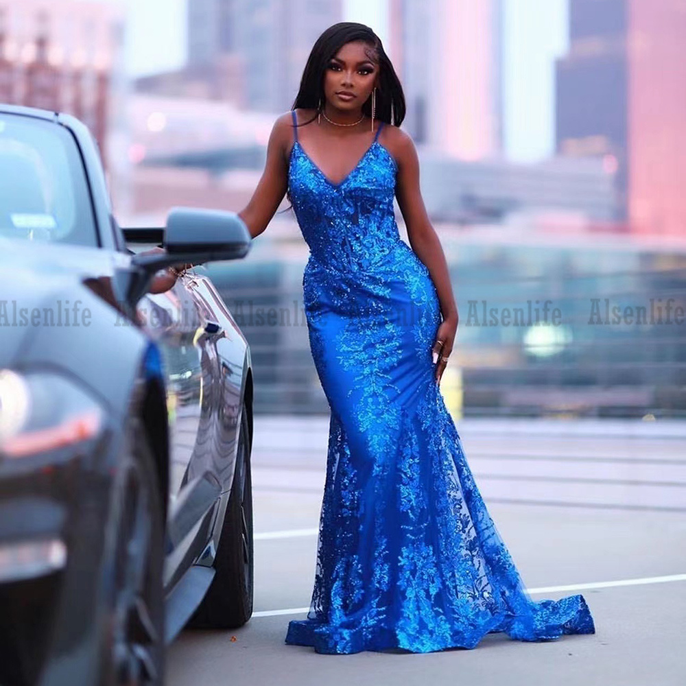 Royal Blue Prom Dresses Appliques Lace Black Girls Mermaid Evening Gowns for Women Party vestido festa luxo