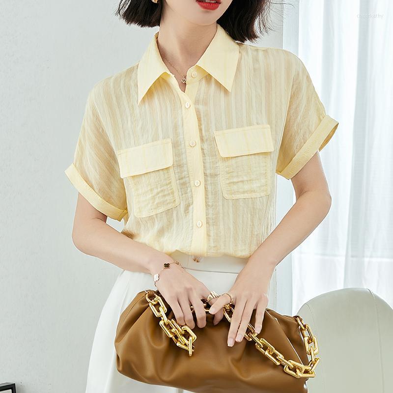 Women' Blouses & Shirts Thin Summer Blouse Turn-Down Collar Short Sleeve Button Up Tops Striped Loose Casual Pocket Yellow -XXLWomen' Che
Women' Blouses & Shirts Thin Summer Blouse Turn-Down Collar Short Sleeve Button Up Tops Striped Loose Casual Pocket Yellow -XXLWomen' Che